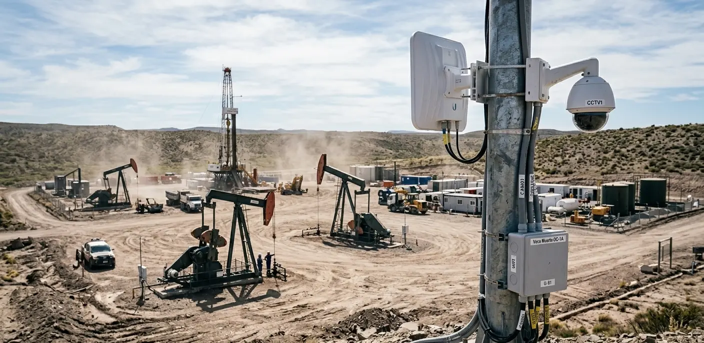 Yacimiento de petróleo y gas con infraestructura de telecomunicaciones